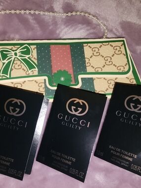 NEW $20 Gucci Guilty Eau de Toilette 3pc Sample Size Set W/ Faux Cardboard Bag